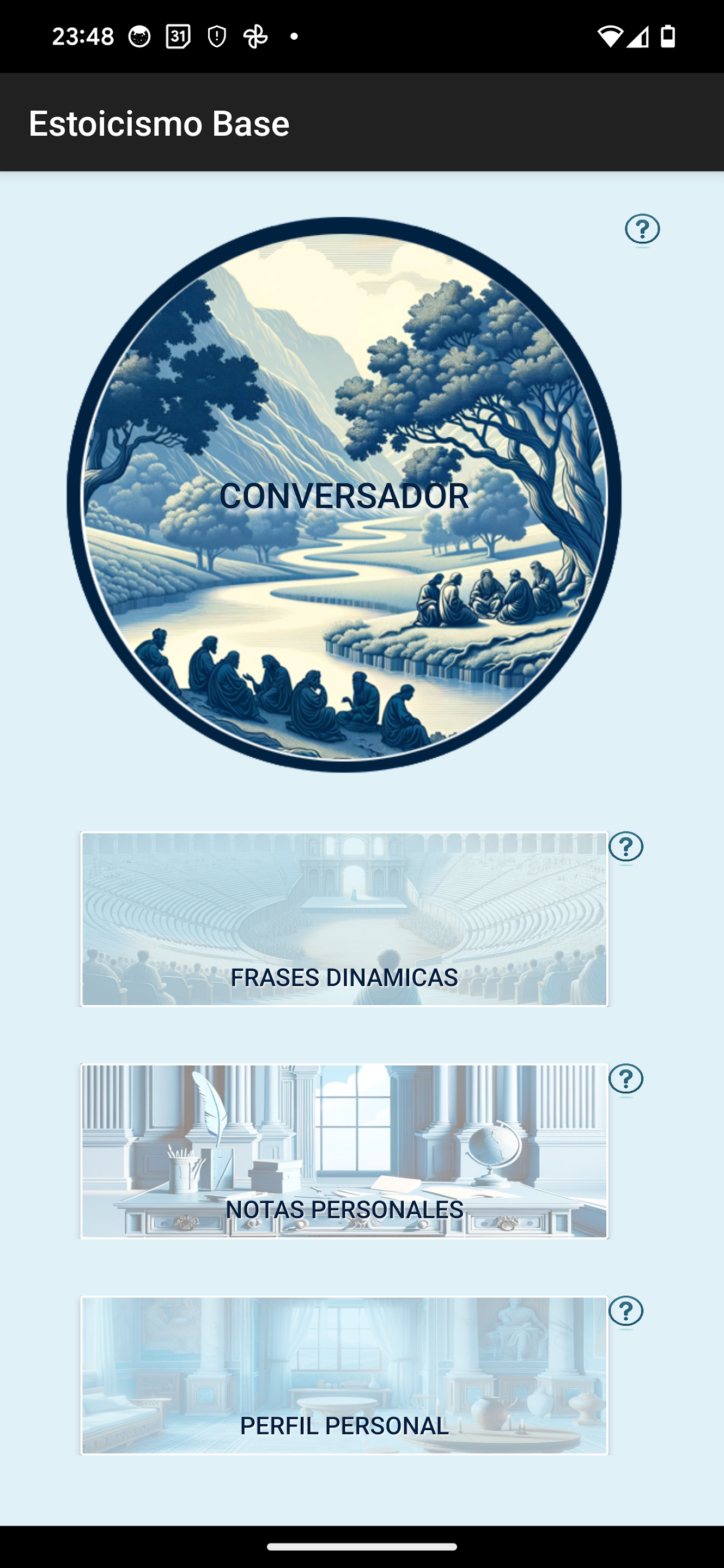 Stoic conversation screen and guided prompts